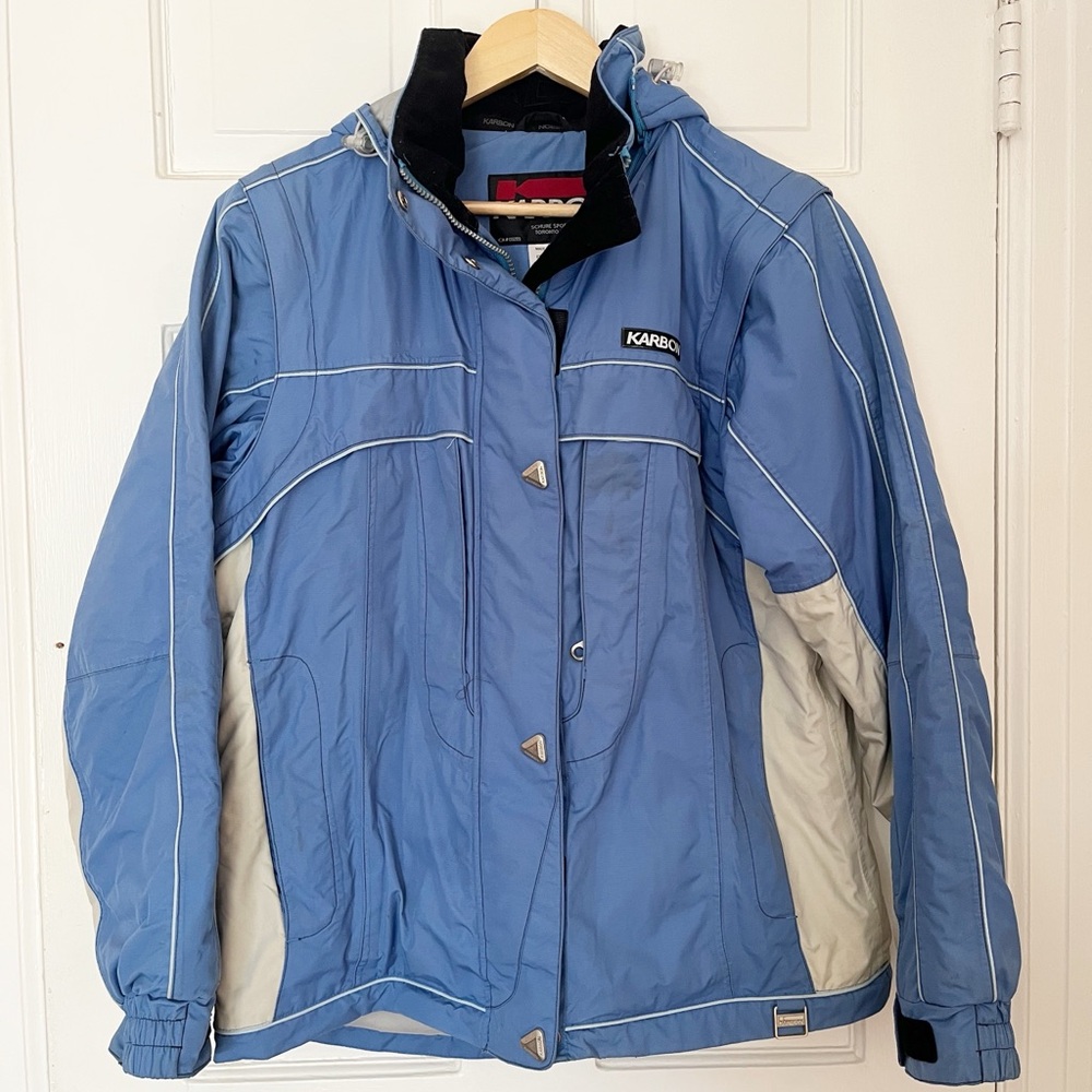Karbon Vintage Ski Coat Blue and Gray Womens Size 10 Insulated Ski Jacket Apres
